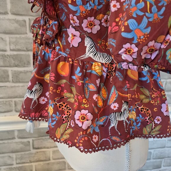 Anthropologie Maeve Zebra Floral Ruffled Blouse Top S Cotton Cottage Boho Floral - Picture 7 of 9